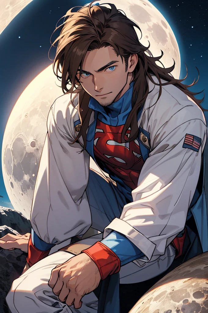 A young man with long brown hair, blue eyes, sitting on the moon looking at the Earth, superhero costume, cowboy shot