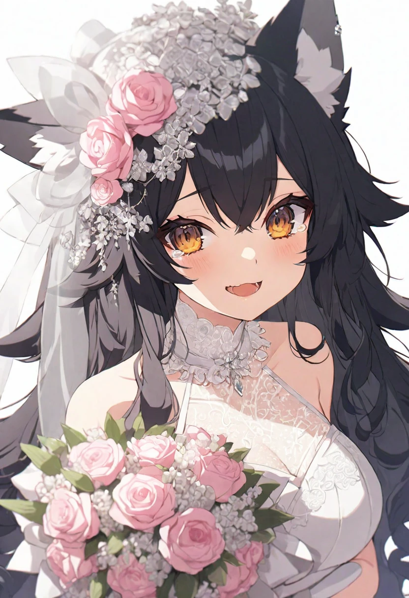 (muste piece), (best quality), (score_9, score_8_up, score_7_up), very detailed eyes, expressive eyes, perfect face, very detailed face, highly detailed face, beautiful girl, 8K, beautiful girl, white background, delicate and beautiful face and eyes, dark intense shadow, 1 girl, vtuber style, cool girl, hololive, vtuber, Ookami Mio, black hair, wolf ears, see-through:Wedding dress, sleeveless dress, white Long glove, holding wedding bouquet, big chest, clavicle, happy smlie, Crying with joy, (upper body),