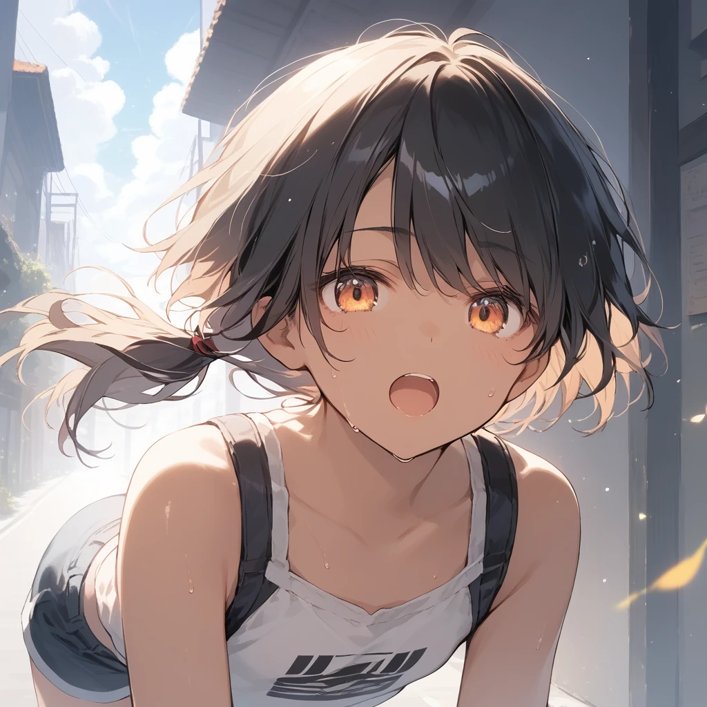 score_9, score_8_up, score_7_up, source_anime, best quality, masterpiece, official art, absurdres, highres, ultra-detailed,waifu2x,Collection: Slice of Life,break,1girl, tomboy, dark-skinned female, short hair, low ponytail, flat chest, beautiful detailed eyes, shorts, sweat, open mouth, (yawn:0.3), sleepily, outdoors, wind,break,(clear line illustration:1.2), super detailed skin,very high resolution, very aesthetic, Best sexual lighting powered by famous artist, 8k,cute picture,beauty illustration,photoshop_(medium),,(Detailed Lighting),best anime 8k konachan wallpaper, pixiv contest winner,