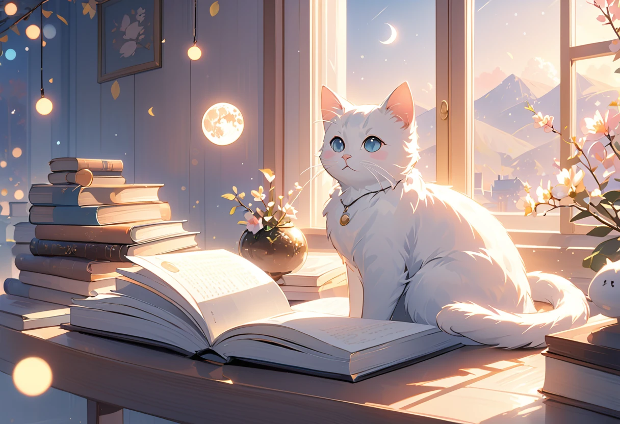 (highest quality:1.2), Beautiful lo-fi minimalist vibe, Cat, Book, window, moon, light bokeh, In soft colors, Sparkling, dynamic side angle, Natural soft lighting, 8K resolution, figure, pastel four colors
