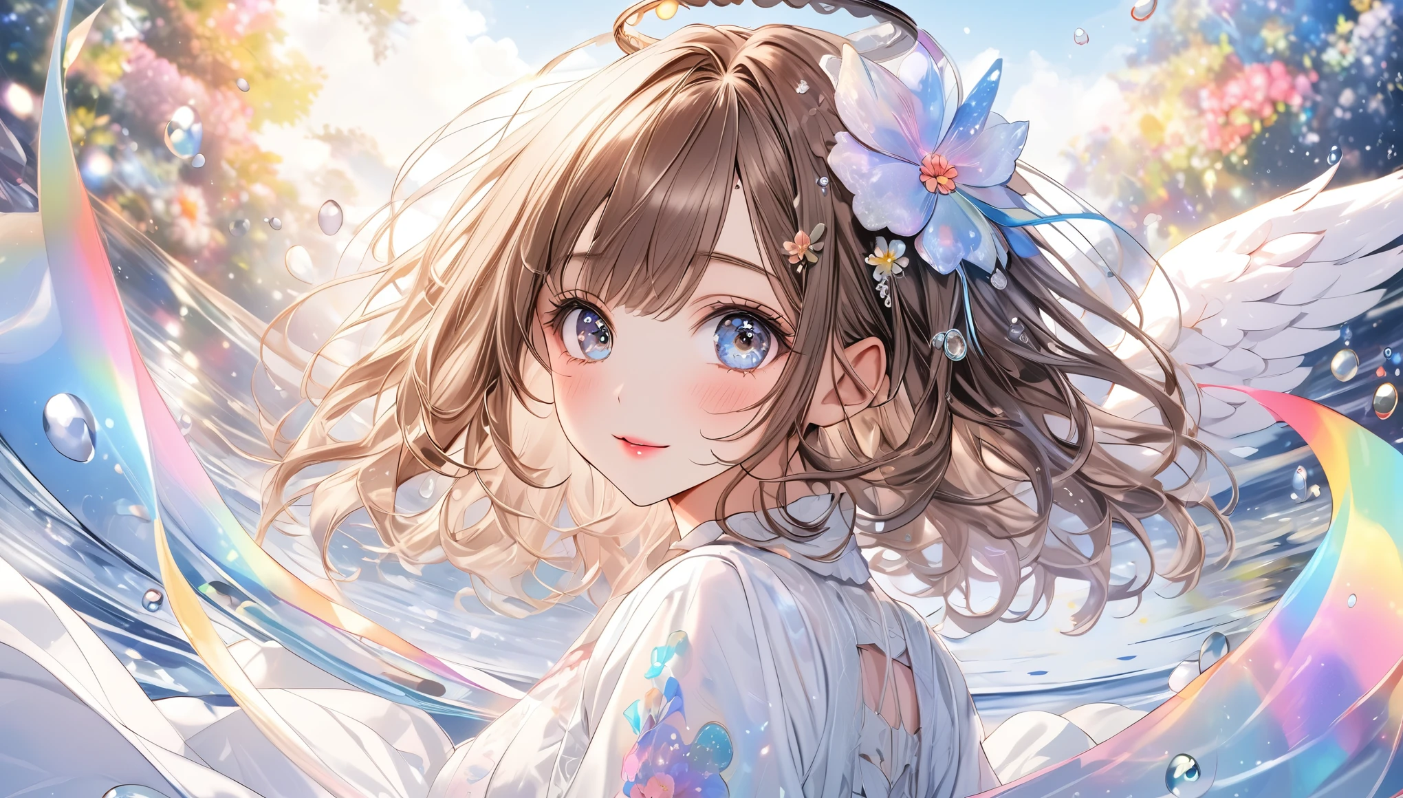 A fusion of watercolor and oil painting, Highest quality, スーパーcentreァイン, 16K, Incredibly absurd, Very detailed, 2.5D, Delicate and dynamic depiction, (the whole body is facing forward) ,(((The whole body is facing forward and staring straight at me))),beautiful girl,Lolita,-yeld gi Goddess white dress, (((Upper Body))),Brown long hair,Big eyes,Beautiful attention to detail, Beautiful lip detail, Very detailed顔, Attractive eyes, Long eyelashes, smile, Shy, Messy wavy short hair,(Dynamic pose) ,Tattoo on forehead, compensate, Best body shape, flower, Water Ripples, transparent, 半transparent, prism, Iridescent Sequins, (カラcentreル:1.1), (Abstract background:1.3), (Angel wings on the back), (Many colors:0.8)(centre, Weather:0.9), Portraiture, Prime lens, レンズcentreィルター, Clear subject, Background Sky, heaven, heavenly, Soft pastel color images,