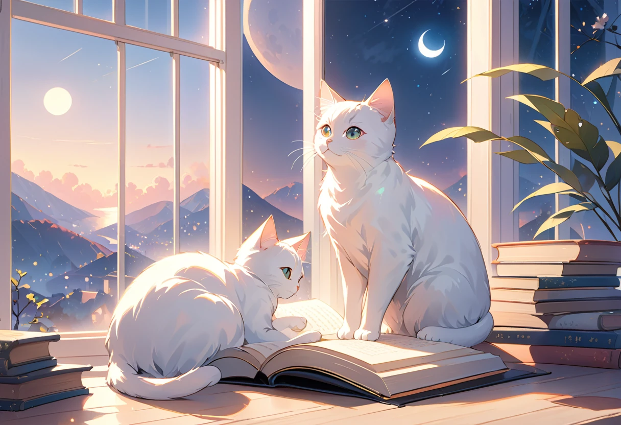 (highest quality:1.2), Beautiful lo-fi minimalist vibe, Cat, Book, window, moon, light bokeh, In soft colors, Sparkling, dynamic side angle, Natural soft lighting, 8K resolution, figure, pastel four colors