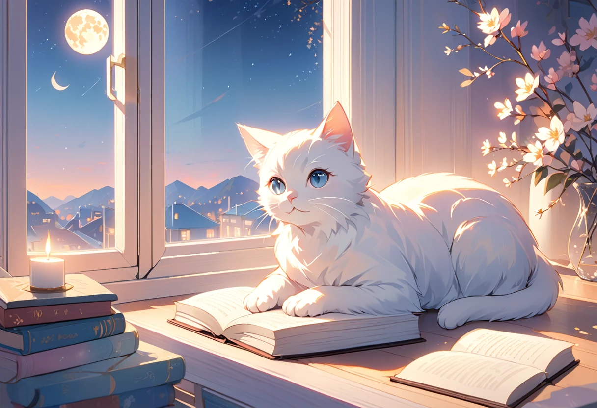 (highest quality:1.2), Beautiful lo-fi minimalist vibe, Cat, Book, window, moon, light bokeh, In soft colors, Sparkling, dynamic side angle, Natural soft lighting, 8K resolution, figure, pastel four colors