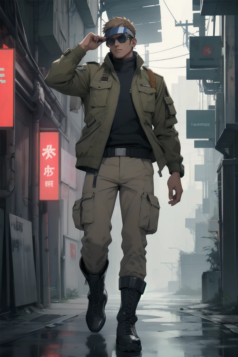 ((Highest quality)), ((masterpiece)), (Familiar), whole body,One man,cyber punk,military,Brown jacket,Khaki pants,boots,Sunglasses visor,White Blade,Gunman