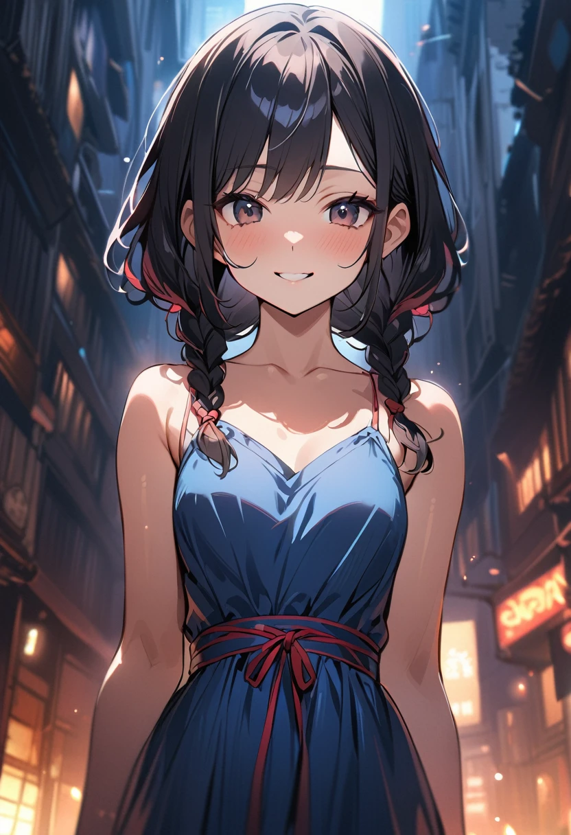 BREAK (masterpiece), (high resolution 8K), detailed eyes and face, detailed body, cinematic lighting,
BREAK 1 girl, japanese girl, black hair, braids, red hairband,
BREAK blue dress, simple dress, no printed, maxi dress,
BREAK black eyes, small breasts,
BREAK warm smile,