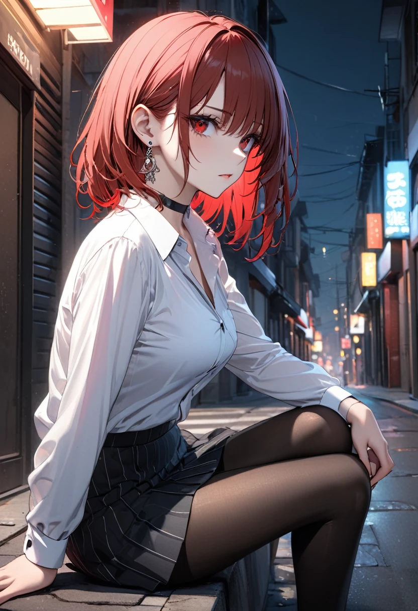 best quality, super_delicate, ultra detailed, beautiful, 8k , 1girl, red eyes, evil, looking sideway, street, sitting, business shirt, skirt, earrings, choker, black tights, nikke, night
