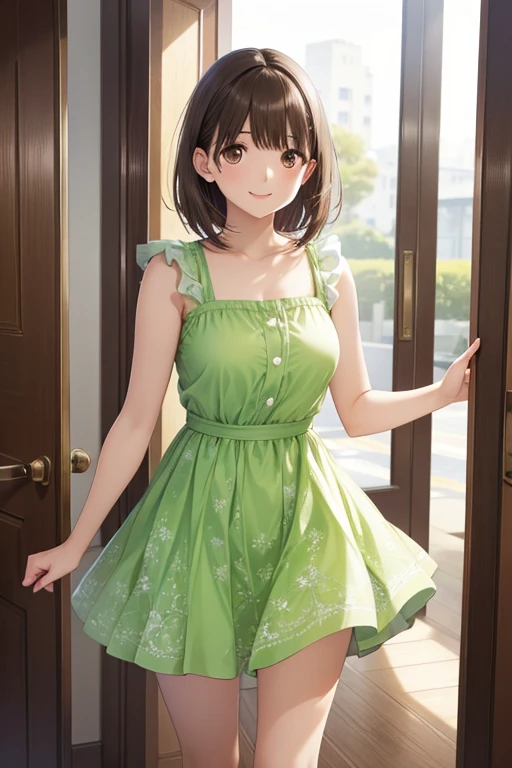 anegasaki nene、Shiny brown hair, short hair, (Beautiful brown eyes、Sparkling eyes, Fine grain)、smile、Ultra-detailed eyes、Very detailedな顔, Very detailedな目,

最high quality, High resolution,

(masterpiece:1.2, 最high quality:1.1, High resolution,Absurd, high quality),(Realistic:1.1),reflected light, colorful,Very detailedな, Ultra HD, Very detailed,
 Open door, Lime green dress,  Straight hair, Brown Hair, Brown eyes,( Open door):1.4, Convenience entrance,  (smile), Fast food in both hands, One Girl, Focus Only, 