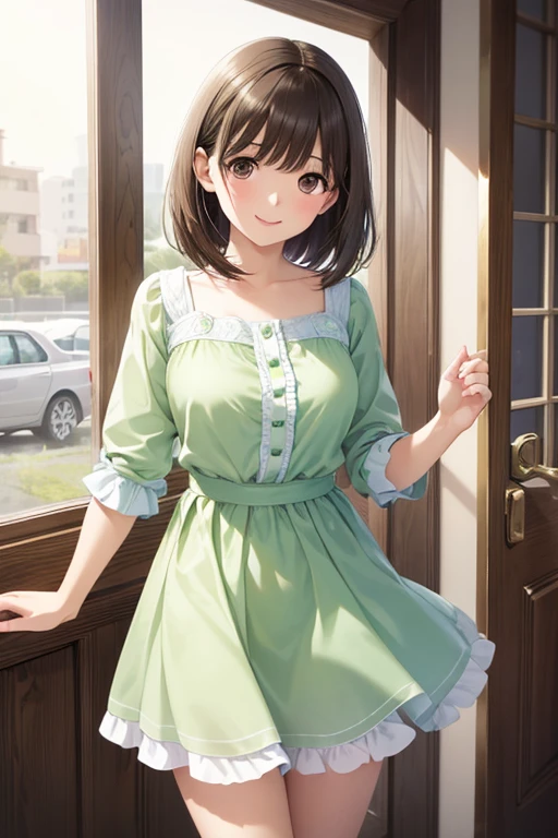 anegasaki nene、Shiny brown hair, short hair, (Beautiful brown eyes、Sparkling eyes, Fine grain)、smile、Ultra-detailed eyes、Very detailedな顔, Very detailedな目,

最high quality, High resolution,

(masterpiece:1.2, 最high quality:1.1, High resolution,Absurd, high quality),(Realistic:1.1),reflected light, colorful,Very detailedな, Ultra HD, Very detailed,
 Open door, Lime green dress,  Straight hair, Brown Hair, Brown eyes,( Open door):1.4, Convenience entrance,  (smile), Fast food in both hands, One Girl, Focus Only, 