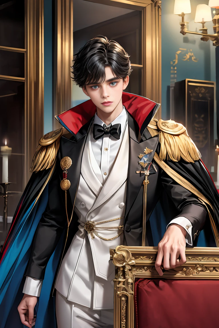 masterpiece, 最high quality, high quality, 1 boy, alone, Male focus, Watching the audience, Messy black hair, Adorable big blue eyes, White, Noble, Noble,A sexy, voluminous, puffy cape、tuxedo、A very voluminous, large, very large, very large, long, long red and black cape with a high stand-up collar, made of a lot of fabric that reaches down to the floor., 17 years old,Cute beautiful boys,Cute, cute, kind, handsome guy