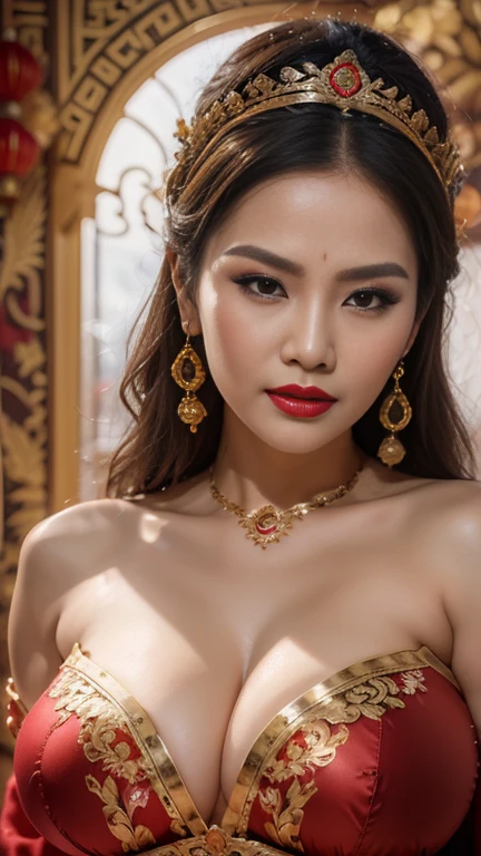 beautiful indonesian goddess, mythology, Face portrait, senior citizen, Draw lips correctly, Red lipstick, No discomfort, 16K, Highest quality, Very detailed, Realistic, Very detailed肌, (Chinese), alone, (very Large Breasts, cleavage), big busty, mature Madam, Glamour, sexy, Chromo White Skin, shy face