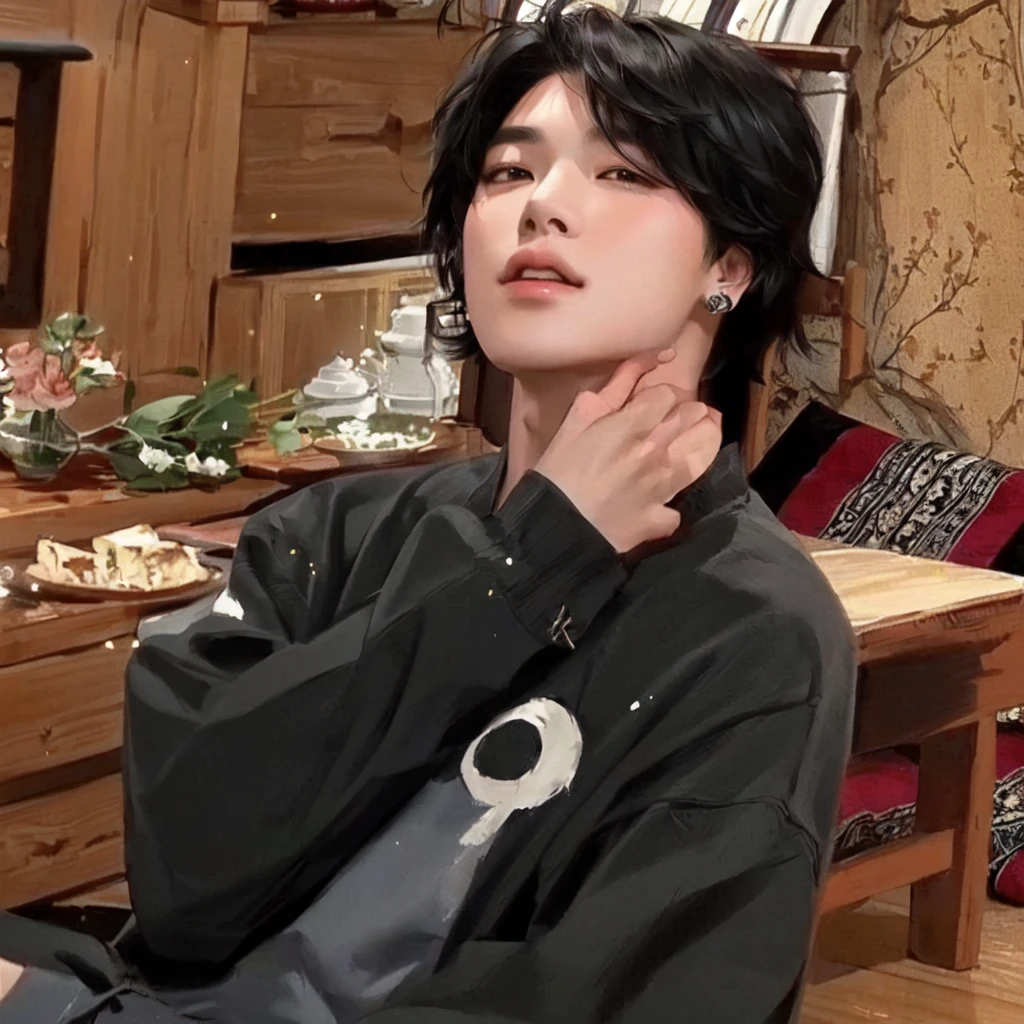 there is a woman sitting in a chair with her hands on her chin, Jimin, with short hair, Chiho, 8k!!, the hime cut, ✨🕌🌙, fubuki, yuuki hagure, xqc, shikamimi, Also, 8k!, park Jimin, Sui Ishida com cabelo preto, Jimin\fleshy lips, kpop boy, bts jimin, park jimin, korean face 