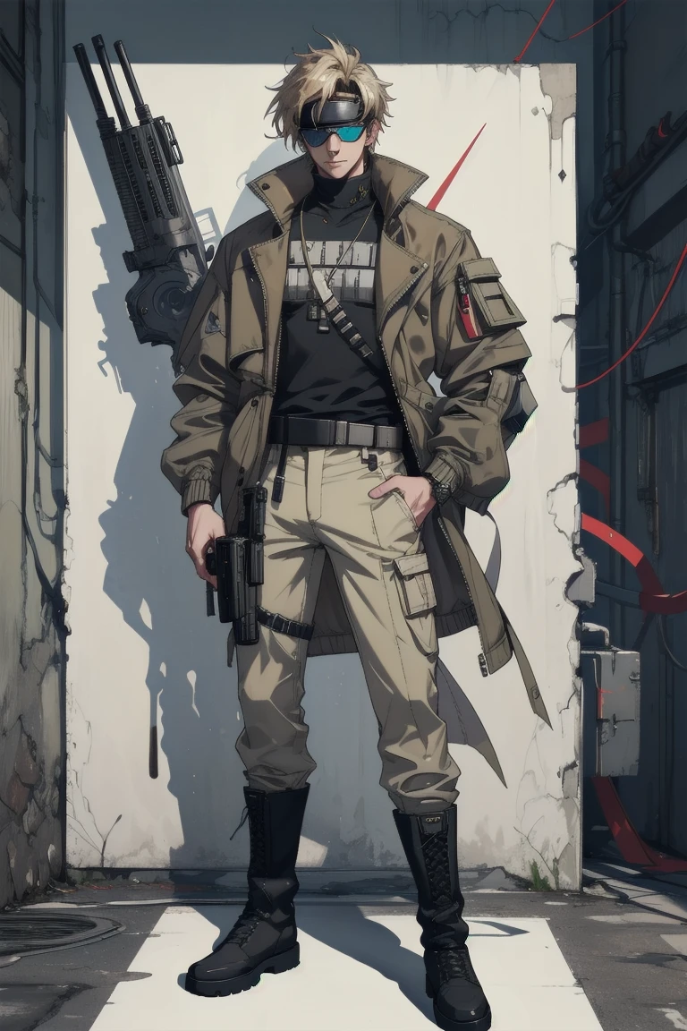 ((Highest quality)), ((masterpiece)), (Familiar), whole body,One man,cyber punk,military,Brown jacket,Khaki pants,boots,Sunglasses visor,White Blade,Gunman