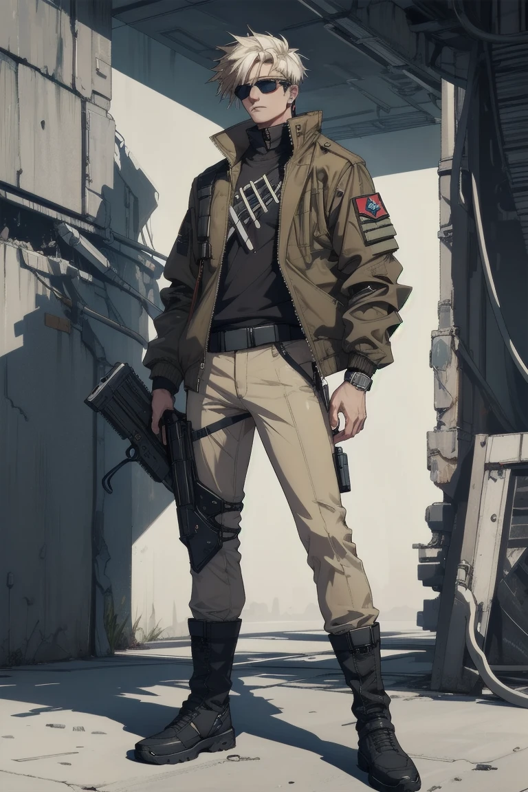 ((Highest quality)), ((masterpiece)), (Familiar), whole body,One man,cyber punk,military,Brown jacket,Khaki pants,boots,Sunglasses visor,White Blade,Gunman