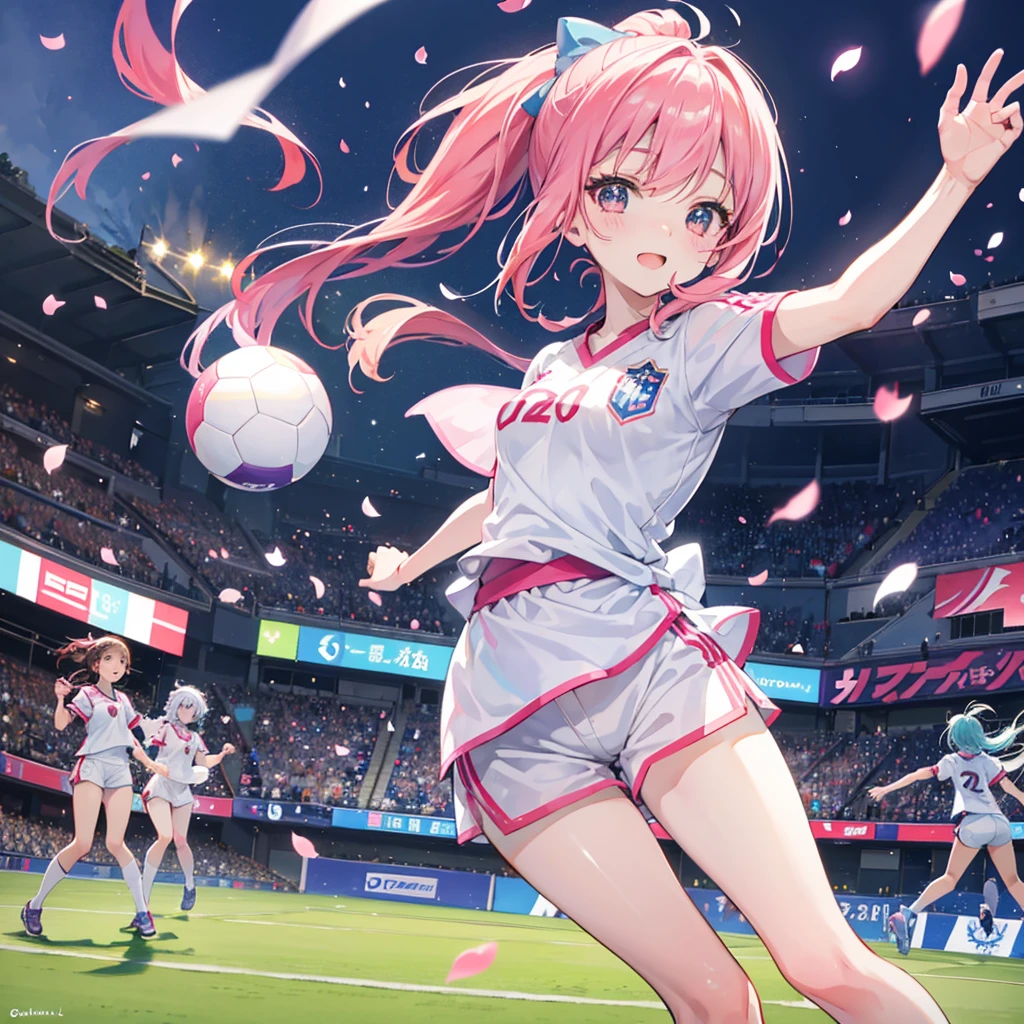 "Create a cute pastel watercolor illustration of the Japanese women's national soccer team playing against the Brazilian team. Show 2-3 players from each team in dynamic poses, dribbling and shooting with joyful expressions.
Key elements:
Stylish pastel uniforms with cherry blossoms for Japan and tropical patterns for Brazil
A soccer ball in motion with a gentle blur
A vibrant soccer field with soft, dreamy lighting
Add:
Sparkles around the players and ball for a magical touch
Soft-focus background with hints of cheering fans and flags
Aim for a lighthearted, whimsical atmosphere that captures the excitement and beauty of the match!"