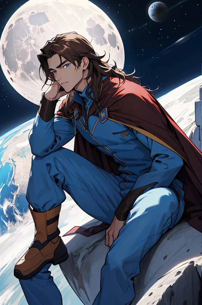 A young man with long brown hair, blue eyes, sitting on the moon looking at the Earth, blue jumpsuit worh cape
