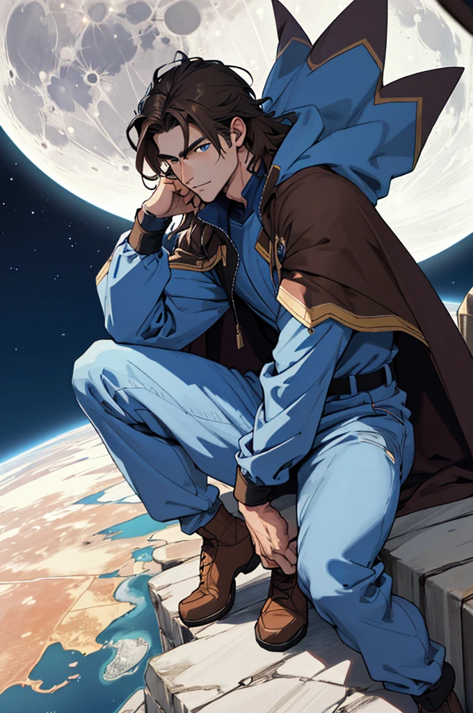 A young man with long brown hair, blue eyes, sitting on the moon looking at the Earth, blue jumpsuit worh cape
