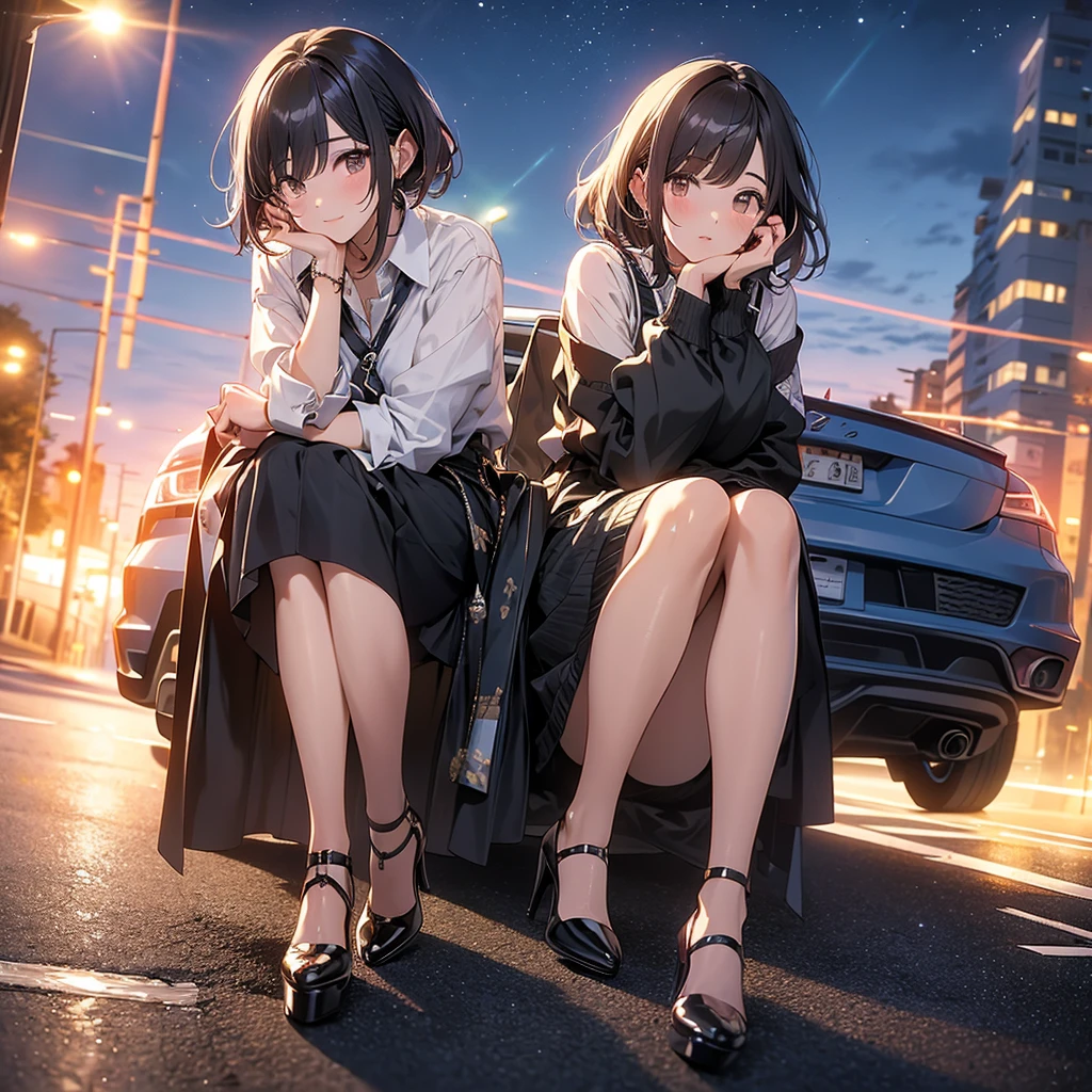 걸작, 최고의 품질, 고품질, CG, 8K, Woman in high heels leaning against a car parked on the road and looking up at the sky at night, anime style