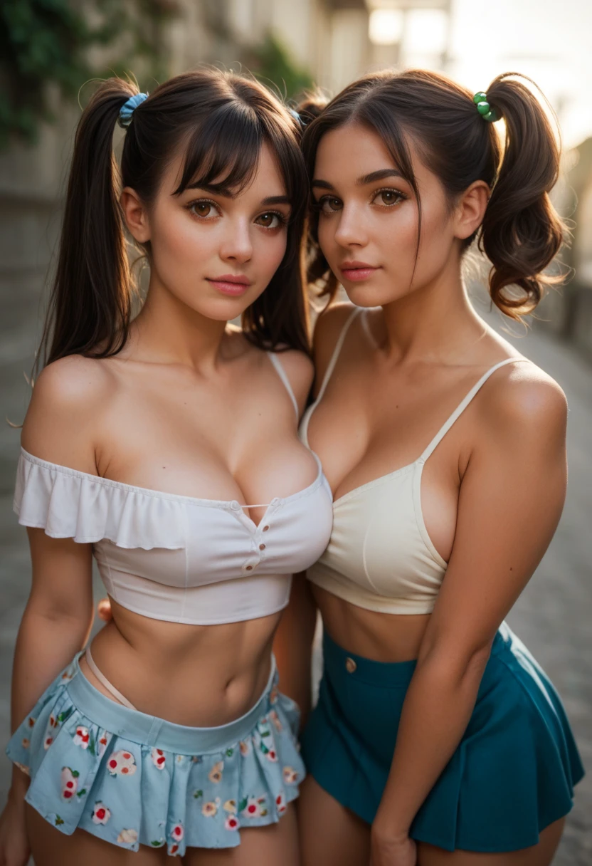 check_9, check_8_up, check_7_up, BREAK, (Open, summer day:1.2), Cute, round face, Long black hair in two ponytails, alternative atmosphere, 25 years, (Italian woman:1.3), medium olive skin, high cheekbones, Stunning brown eyes, big breasts, Fine cleavage, (cozy salon), oversized cropped white top, mini skirt, dynamic angle, bright lighting, high contrast, dramatic shadows, very detailed, Detailed skin, depth of field, Granularity,