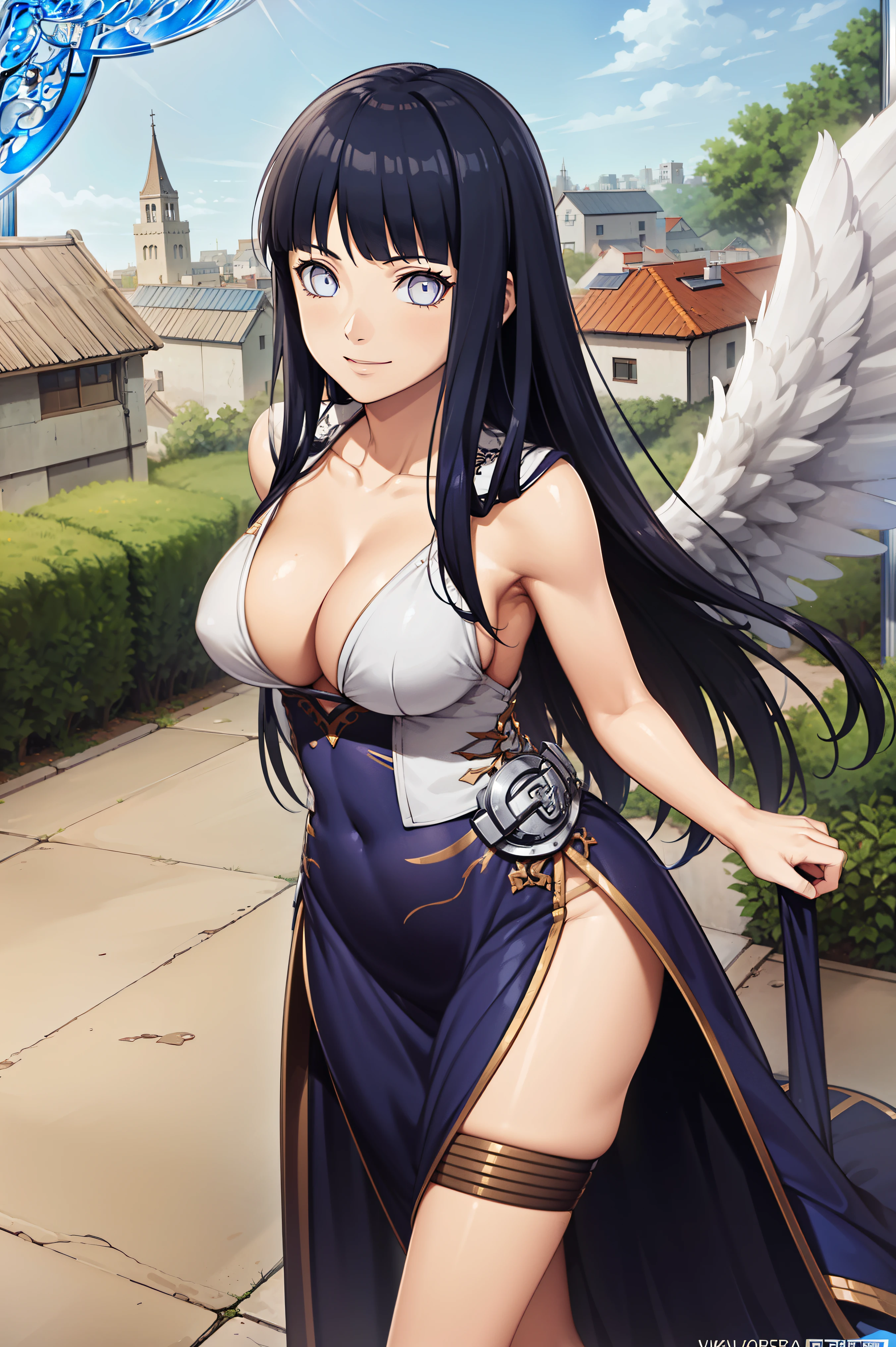 (best quality, high resolution, Textured Skin, high quality, High Detail,Extremely detailed CG unification),dynamic angle,angel blue wings,red dress,medium breast,grey eyes,hinata/(naruto shippudin)/,grey eyes,no pupil,side boob,hot,sky background,long hairs,fit body,princess dress,dark blue hair,smiling,seductive smile,detailed picture,high detailing,wedding dress