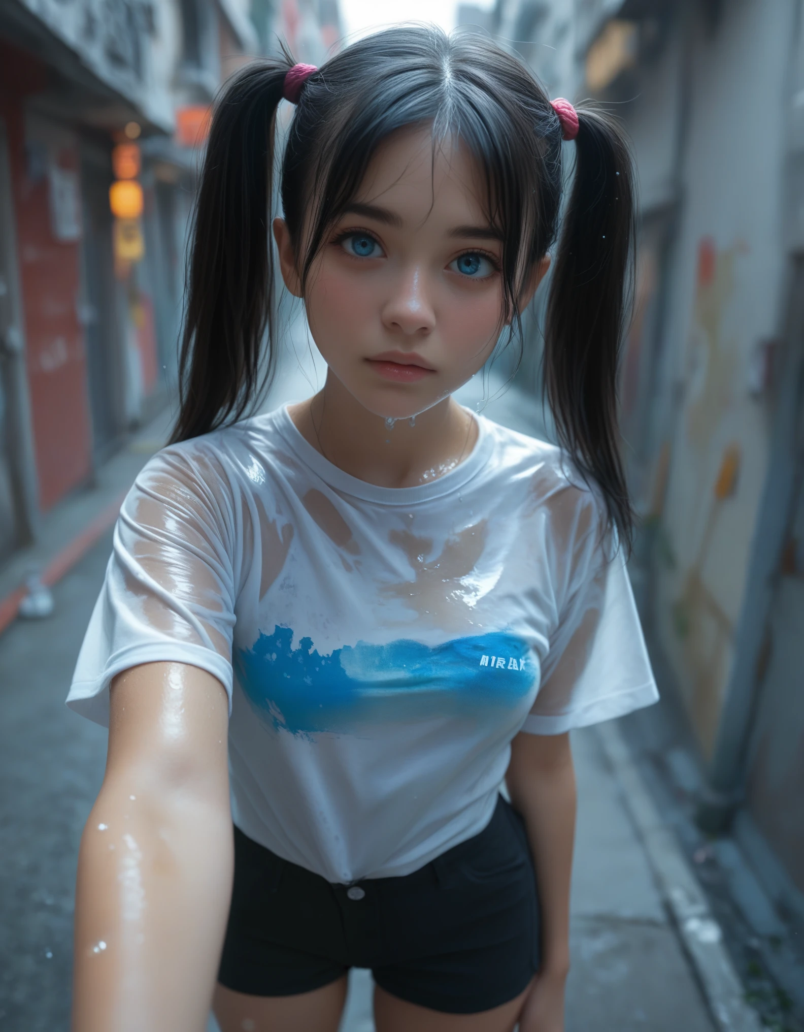 Vibrant, colorful anime-style illustration featuring a young woman Videl wet t-shirt with long black hair tied in pigtails. She has fair skin and large blue eyes, with a slightly flushed expression. She is wearing a white t-shirt that is wet and clings to her body, revealing her figure, and black shorts. She also has white socks and purple-accented shoes. The background is a mix of bright colors, including purple, yellow, and green, suggesting an outdoor setting with abstract elements. The overall composition is dynamic, with the character looking upwards, creating a sense of depth and perspective. anime, anatomically correct, super detail, high quality, 4K