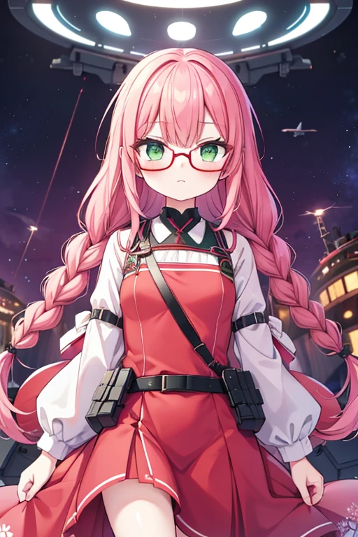 High definition,Woman,small size,pink hair,double braid hairstyle,bang,greeneyes,red glasses,in flowery dress,dark expression,karoship,aircraft carrier ship, futurist, Science fiction, karoplane, space, karo