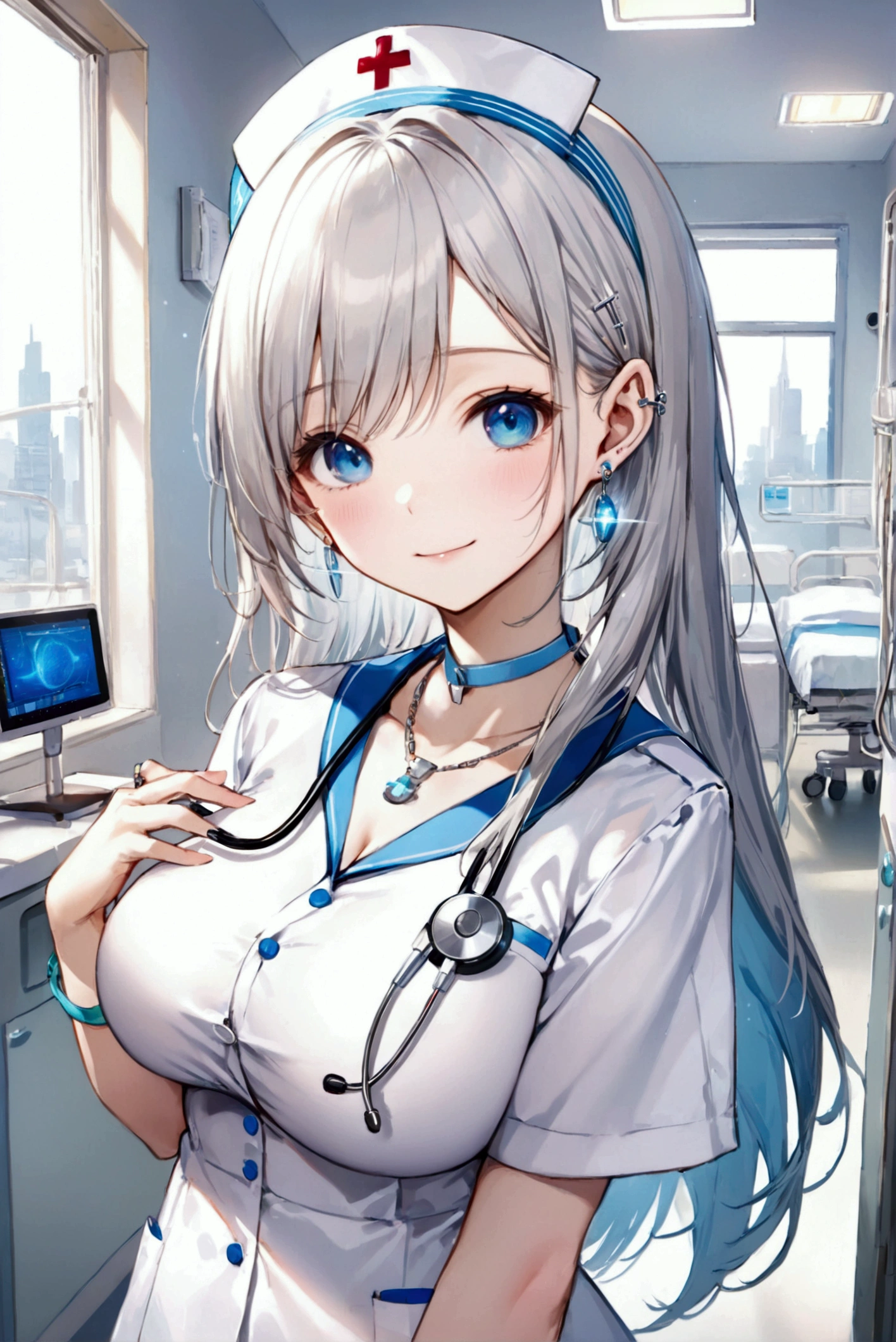 (Highest quality, 8k, 32K, masterpiece, Ultra-high resolution,:1.2),to be born, One Girl,So cute ,hospital, A fantasy background reminiscent of an electronic world, clear, Shining Eyes, Age 25 ,Fair skin, Silver Haired Girl, Nurse uniform, Long Hair, An innocent smile, blue eyes, Pierced ears sparkle, An elegant necklace adorns her slender neck., Rings and bracelets decorate the fingers. expensive_Big Breasts, Big Breasts, doctor