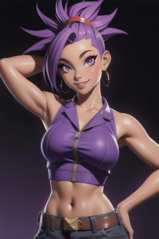 masterpiece, best quality,3d rending work ,3DMM style 3D,1african American girl, solo, realistic, (outside background), makeup, perfect lighting, seductive look, seductive smile, smile, yamanaka ino purple hair, Mohawk, purple eyes,  purple clothes, sleeveless, armpits, midriff, sexy tummy,  detailed skin, realistic skin texture, sweaty skin, skin pores, African American girl, playing a electric guitar.