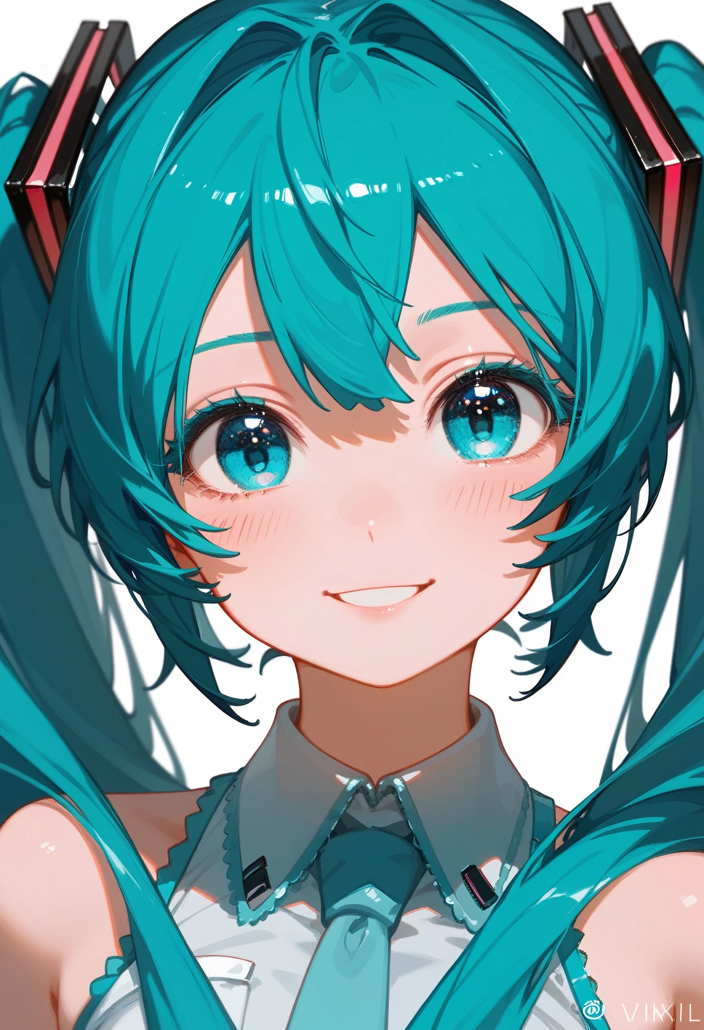 (best quality, masterpiece1.2), detailed,1girl, solo,looking at viewer,simple background, , uwu, curvy, upper body, close-up standing ,smile ,detailed eyes , detailed face,realistic, adorable face , cute, hatsune miku, log eyelashes, elbow hand out of frame,