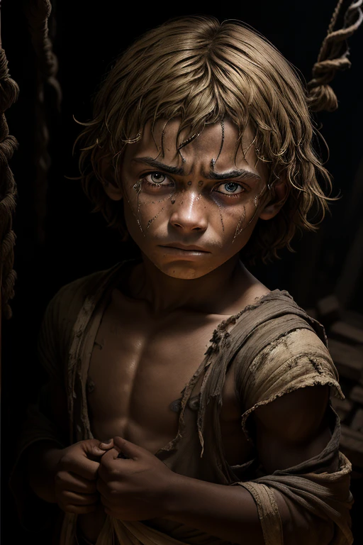 An 11 year old boy, slave, is portrayed with a look of anger and hatred towards society. He wears simple, torn clothes, highlighting the hardness of his life. Your hair is brown to blonde , wavy and reaches the shoulders, falling out of alignment. His eyes are light green and express a silent sadness.. Your skin is pale and marked by visible scars, including a scar from a stab wound just below his left eye. The image captures the essence of her pain and resilience, with a level of detail that highlights the texture of the scars and the delicacy of their expression, more scars and more detail on the left eye scar