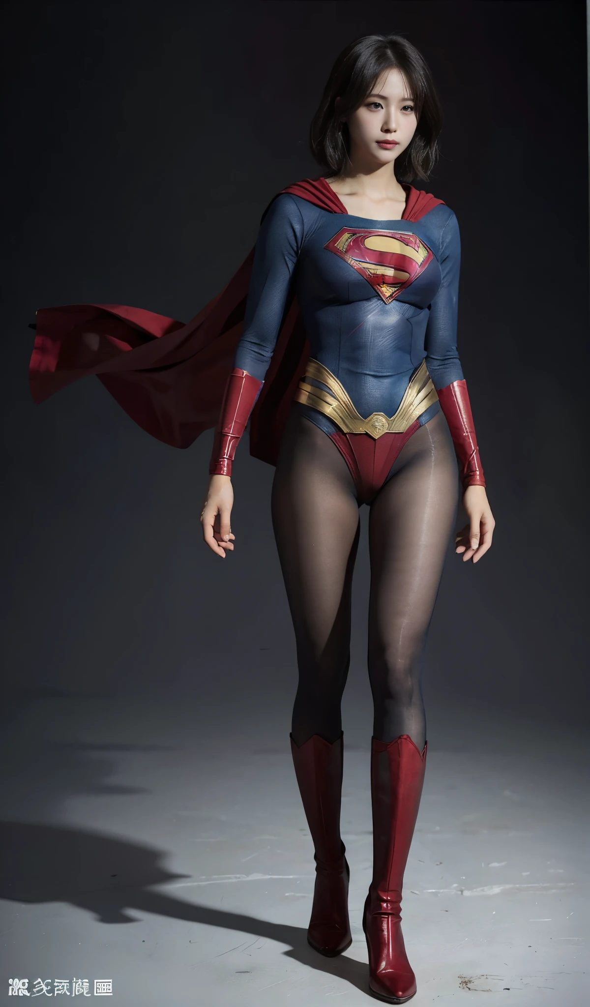No background、(((Beautiful legs in black tights.)))、(((Legally express the beauty of your smile)))、((((Make the most of your original images)))、(((Supergirl Costume)))、(((Beautiful short bob hair)))、(((suffering)))、(((Please wear black tights....、Wear red boots)))、((Best image quality、8k))、((Highest quality、8k、masterpiece:1.3))、(((Preserve background )))、Sharp focus:1.2、Beautiful woman with perfect figure:1.4、Slim Abs:1.2、Wet body:1.5、Highly detailed face and skin texture、8k