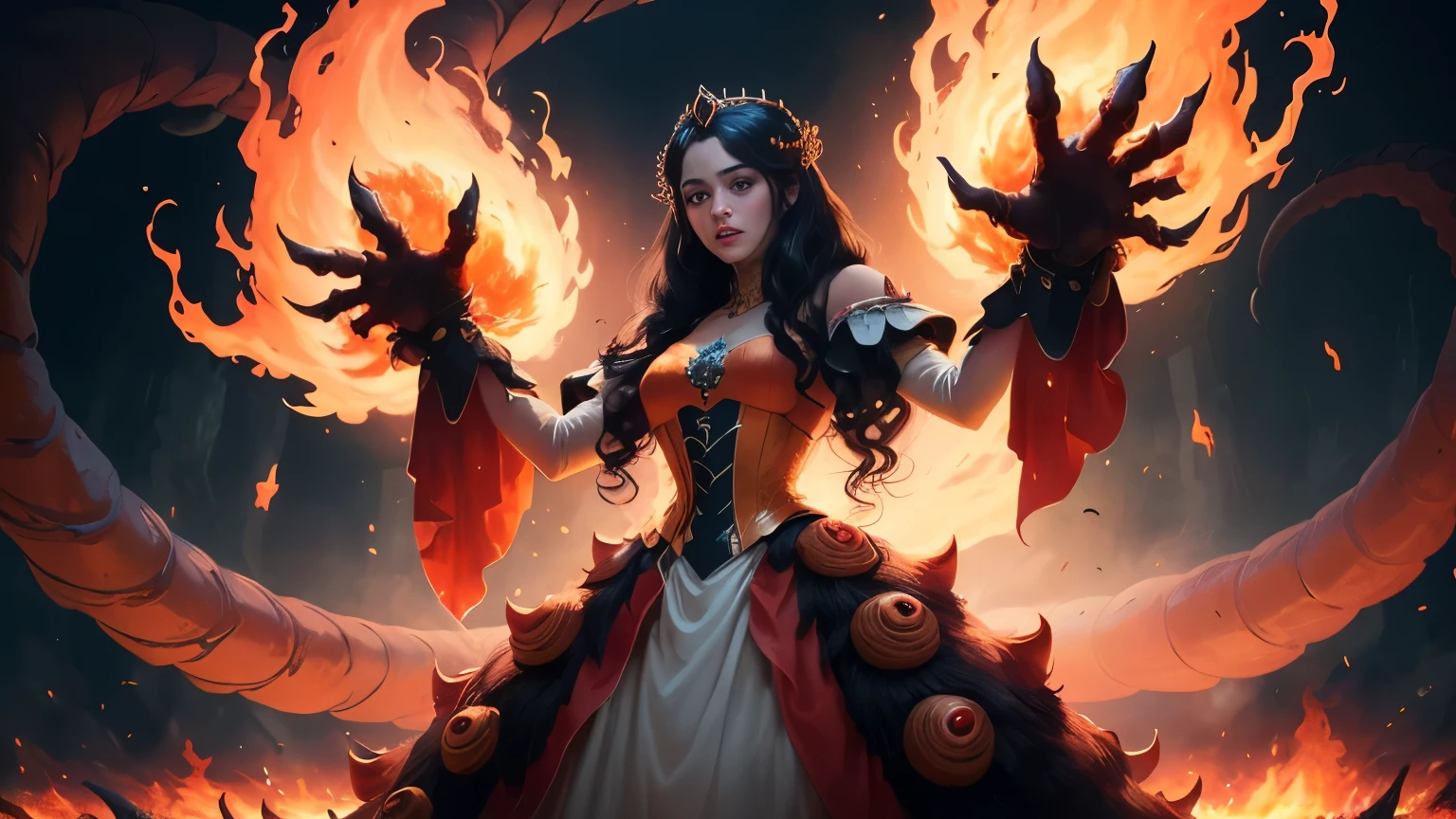 ((best quality)), ((masterpiece)), (detailed), A digital illustration of an injured long black haired woman standing with her one hand up after the victory with a giant monster made up of writhing worms getting destroyed in the background. She is wearing a peach-colored princess dress and the background is fiery lava