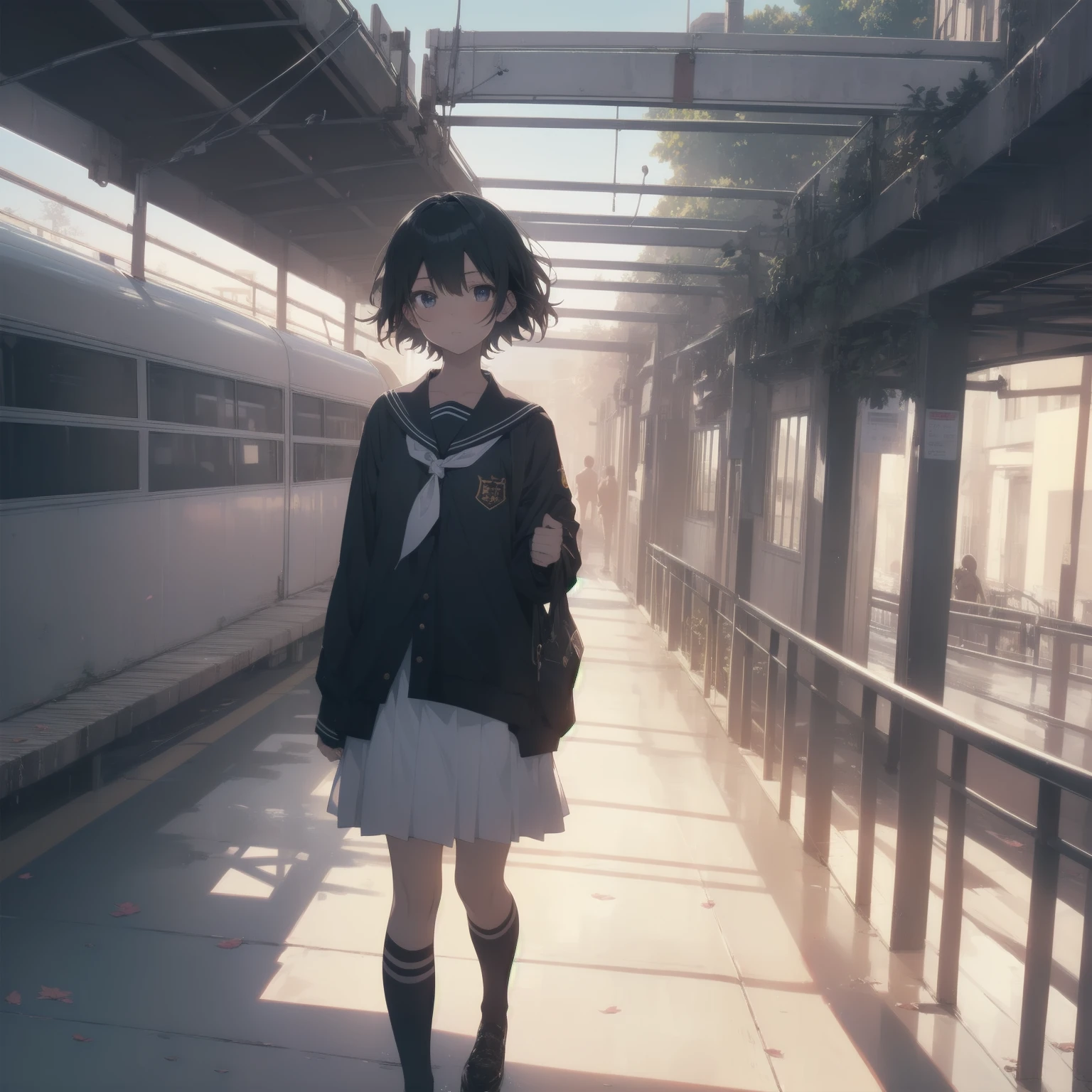 ultra-absurdres-Top quality by artist God, ultra-detailed, high resolution, anime moe artstyle, best anime 8k konachan wallpaper, pixiv contest winner, pool:2810, perfect anatomy,break, 1girl, (Please draw a girl walking sleepily to school alone. )break,(Solo,little female, 13-year-old:1.3),Full limbs, complete fingers,a junior high school student, (very short hair), short cut, flat chest, , small butt, small black eyes, beautiful detailed eyes, well-proportioned iris and pupils, expressive eyes, highres detailed hair, soft expression, salor school_uniform, sailor collar, serahuku, bow, pleated skirt,(Detailed Lighting), (Detailed background), in the School commute route. break,super detailed skin, Best cinematic lighting powered by famous artist, 8k,beauty illustration,photoshop_(medium),very aesthetic,break,((artist:haruhisky )), artist:clamp ,artist:carnelian ,artist:kantoku ,