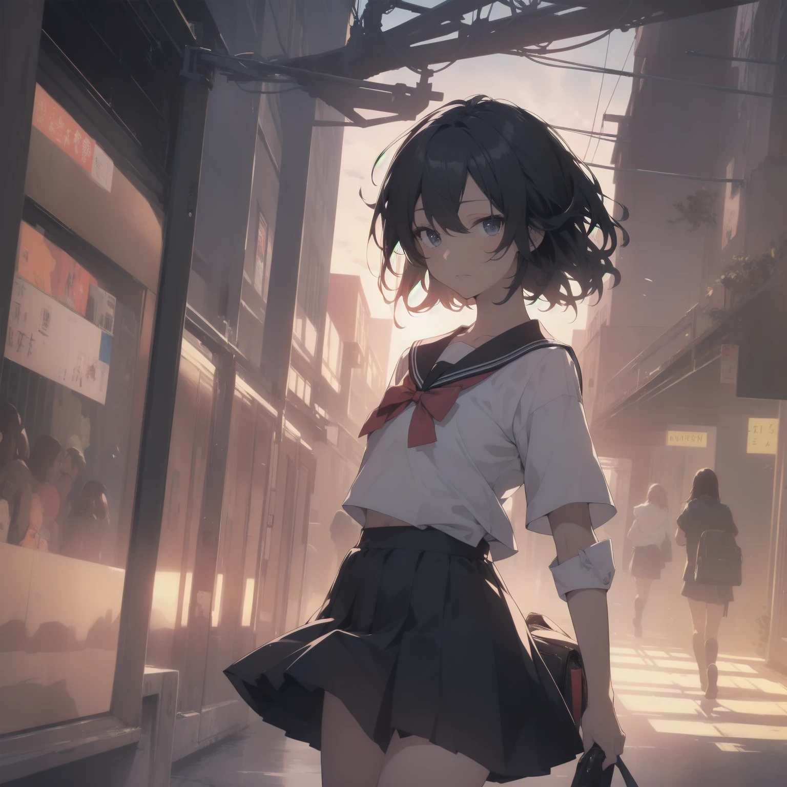 ultra-absurdres-Top quality by artist God, ultra-detailed, high resolution, anime moe artstyle, best anime 8k konachan wallpaper, pixiv contest winner, pool:2810, perfect anatomy,break, 1girl, (Please draw a girl walking sleepily to school alone. )break,(Solo,little female, 13-year-old:1.3),Full limbs, complete fingers,a junior high school student, (very short hair), short cut, flat chest, , small butt, small black eyes, beautiful detailed eyes, well-proportioned iris and pupils, expressive eyes, highres detailed hair, soft expression, salor school_uniform, sailor collar, serahuku, bow, pleated skirt,(Detailed Lighting), (Detailed background), in the School commute route. break,super detailed skin, Best cinematic lighting powered by famous artist, 8k,beauty illustration,photoshop_(medium),very aesthetic,break,((artist:haruhisky )), artist:clamp ,artist:carnelian ,artist:kantoku ,