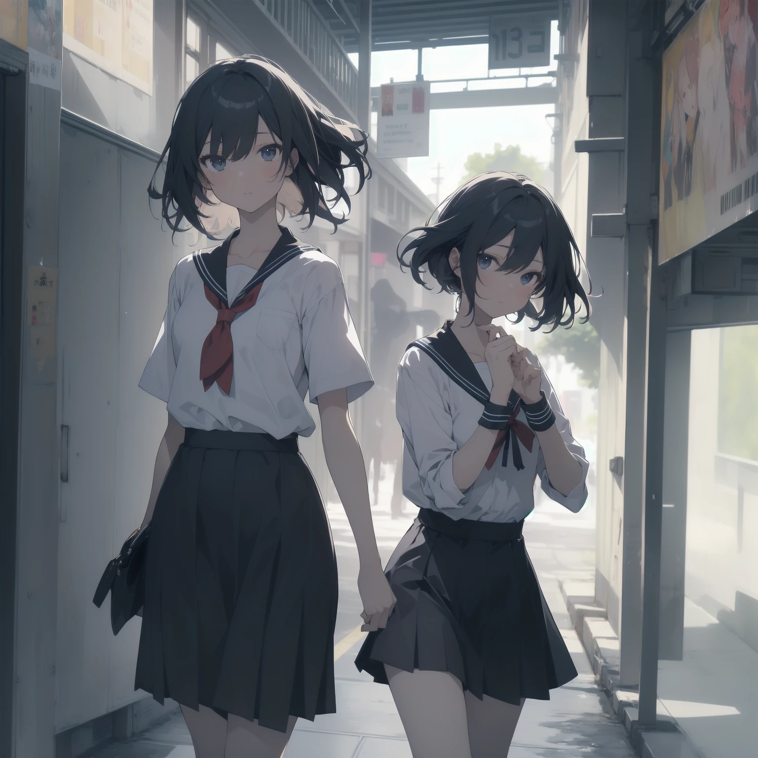 ultra-absurdres-Top quality by artist God, ultra-detailed, high resolution, anime moe artstyle, best anime 8k konachan wallpaper, pixiv contest winner, pool:2810, perfect anatomy,break, 1girl, (Please draw a girl walking sleepily to school alone. )break,(Solo,little female, 13-year-old:1.3),Full limbs, complete fingers,a junior high school student, (very short hair), short cut, flat chest, , small butt, small black eyes, beautiful detailed eyes, well-proportioned iris and pupils, expressive eyes, highres detailed hair, soft expression, salor school_uniform, sailor collar, serahuku, bow, pleated skirt,(Detailed Lighting), (Detailed background), in the School commute route. break,super detailed skin, Best cinematic lighting powered by famous artist, 8k,beauty illustration,photoshop_(medium),very aesthetic,break,((artist:haruhisky )), artist:clamp ,artist:carnelian ,artist:kantoku ,