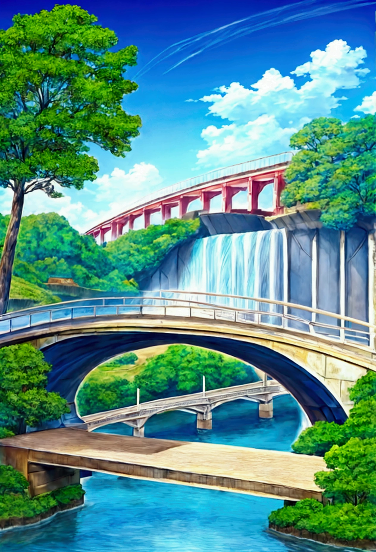 anime scenery of a bridge over a river with a sky background, beautiful anime scenery, anime landscape wallpaper, anime scenery, anime nature, anime nature wallpap, anime landscape, anime background art, anime background, anime beautiful peace scene, beautiful anime scene, wallpaper anime blue water, anime countryside landscape, detailed scenery —width 672, scenery artwork