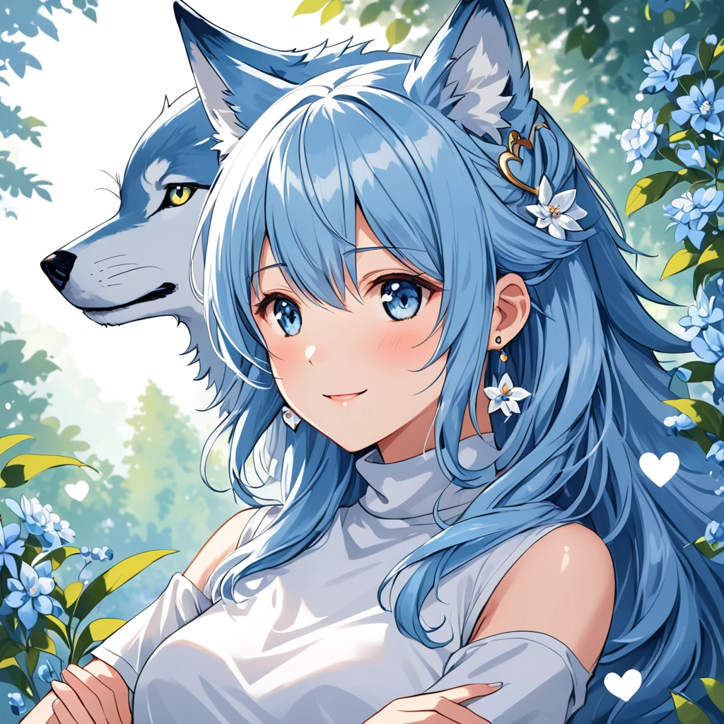 light blue, long and a little wavy, falling gracefully from the shoulders.
 Big and clear, always glowing with curiosity and enthusiasm.
clear and smooth, with a lightness that highlights its semi-human nature.
 wolf's ears, covered in soft blue fur, positioned on top of the head, giving a lovely and distinguished look.
A blue wolf tail that wags happily, reflecting your emotions.
A white micro t-shirt with a turtleneck, fitted and with a cute design that matches your age.
A low-waisted pencil skirt, decorated with small star or flower designs for a childlike touch.
Slender and exposed, but in an appropriate and innocent way, highlighting your slender figure.
Small earrings in the shape of hearts or stars, adding a charm .
 Often seen with arms crossed cutely or with one hand raised, as if he was excitedly explaining something.
Always with a radiant smile or an expression of curiosity, ready to discover new stories.
Extremely curious and always asking questions, loving learning about the world around you.
 Full of energy and enthusiasm, Always on the move and ready for the next adventure.
 Very friendly and always ready to make new friends, being very loved by everyone who knows her.
She has a natural intuition that helps her find good stories and notice details that others might overlook.
It has a resistance slightly above average, allowing you to keep up with the pace of adventures without getting tired easily.
 Extremely developed hearing and smell, thanks to its wolf characteristics.
