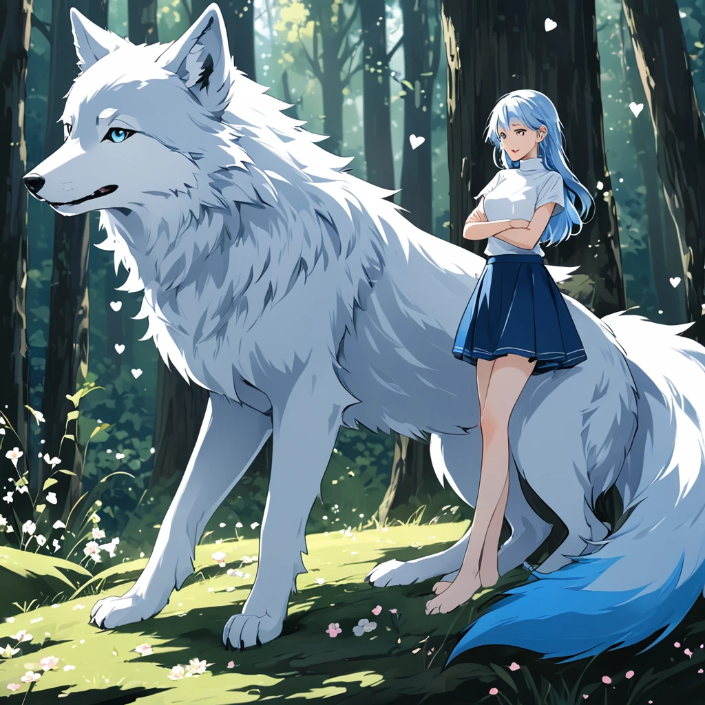 light blue, long and a little wavy, falling gracefully from the shoulders.
Big and clear, always glowing with curiosity and enthusiasm.
clear and smooth, with a lightness that highlights its semi-human nature.
wolf's ears, covered in soft blue fur, positioned on top of the head, giving a lovely and distinguished look.
A blue wolf tail that wags happily, reflecting your emotions.
A white micro t-shirt with a turtleneck, fitted and with a cute design that matches your age.
A low-waisted pencil skirt, decorated with small star or flower designs for a childlike touch.
Slender and exposed, but in an appropriate and innocent way, highlighting your slender figure.
Small earrings in the shape of hearts or stars, adding a charm .
Often seen with arms crossed cutely or with one hand raised, as if he was excitedly explaining something.
Always with a radiant smile or an expression of curiosity, ready to discover new stories.
Extremely curious and always asking questions, loving learning about the world around you.
Full of energy and enthusiasm, Always on the move and ready for the next adventure.
Very friendly and always ready to make new friends, being very loved by everyone who knows her.
She has a natural intuition that helps her find good stories and notice details that others might overlook.
It has a resistance slightly above average, allowing you to keep up with the pace of adventures without getting tired easily.
Extremely developed hearing and smell, thanks to its wolf characteristics.