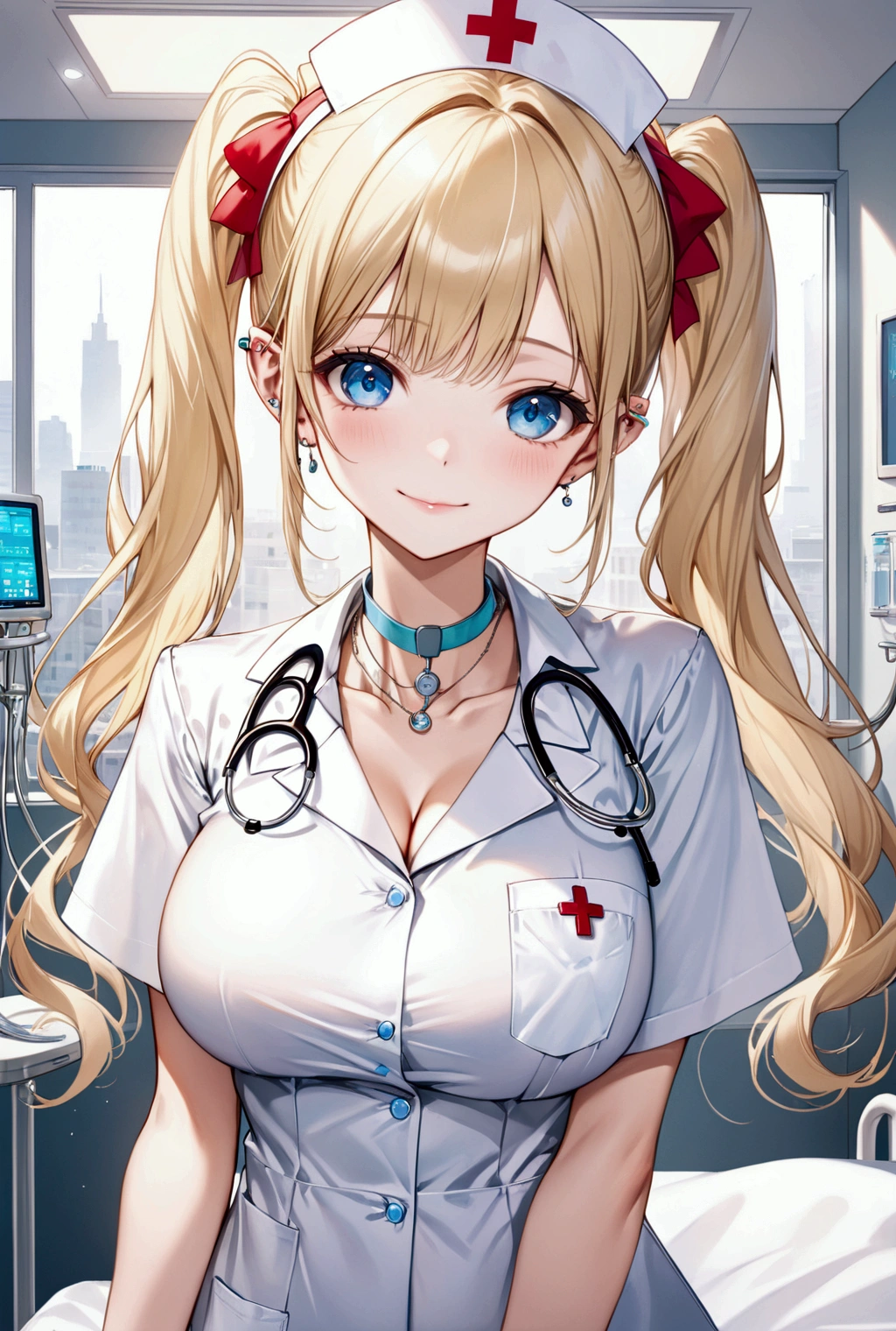 (Highest quality, 8k, 32K, masterpiece, Ultra-high resolution,:1.2),to be born, One Girl,So cute ,hospital, A fantasy background reminiscent of an electronic world, clear, Shining Eyes, Age 25 ,Fair skin, Blonde girl, Nurse uniform, Long Hair, An innocent smile, blue eyes, Pierced ears sparkle, An elegant necklace adorns her slender neck., Rings and bracelets decorate the fingers. expensive_Big Breasts, Big Breasts, doctor, Twin tails