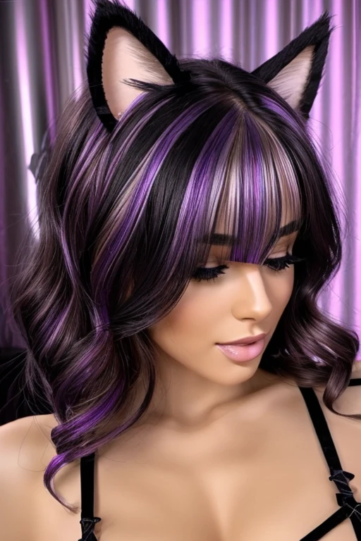 a beautiful woman with black hair and purple highlights, black lingerie, whole body, sexy pose, europe women, cat ears on the head, hot, submissive