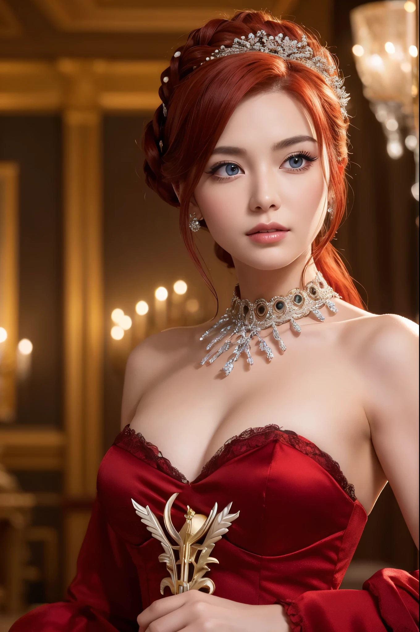 8k,Adult woman with red bushy hair,so beautiful(Like the real thing), strict, elegant, Red Dress, The enchanting aristocrat, silver element, Long nails, Exposing shoulders, Hairstyle, Beautiful expression,blue eyes, Messy, I am proud, Absurd, Elegant dress, Royalty, celebration, Hall decorated with flowers, Cowboy Shot, Portraiture, (Highest quality), (Tabletop), (Very detailed), masterpiece,Highest qualityのフォトリアリスティックなRAW写真。Backlight, Cinema Lighting, Film Grain, to be born, 50mm lens, Nikon D850,Ultra-Realistic Skin,Fantasy art,Character Art,Ultra-high resolution,A muscular and slender macho man,Perfect hands,compensate,Bust shot close-up,