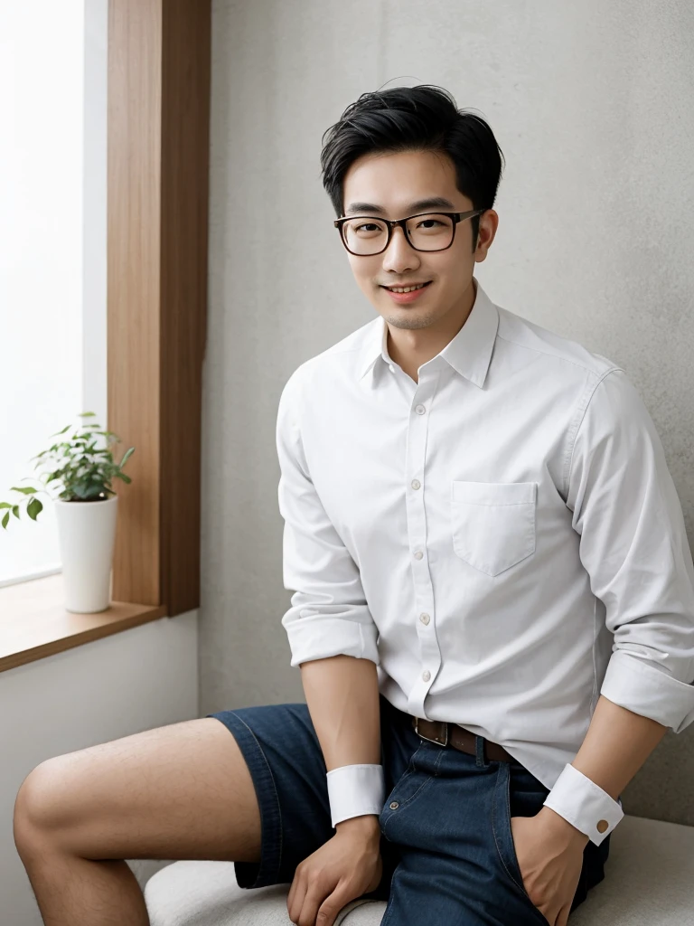 （protrait photo）asian man, 30 years old, project Manager。wear glasses，He is wearing a dark suit, Pair with a white shirt and dark tie。His hair is neat, Face clean and clean, round face，short hair，Eyes reveal wisdom and confidence。He smiles and looks at the camera, Convey a professional and capable temperament, Ultra high quality, masterpiece, textured skin, high quality, high resolution, best quality, high detail，Half-length photo，whole body, sitting, lifted arms, spread legs