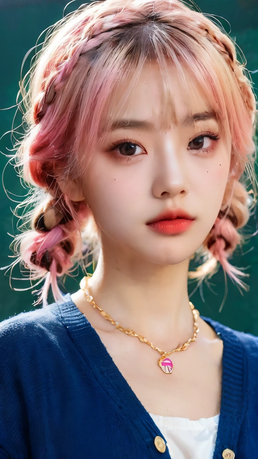 (((日本Vigor片))), ((Vigor)), (female), medium length hair, (braid:1.3), (forehead:1.2),two tone hair, blonde hair, (pink hair), round face, red eyes, (droopy eyes), (((we say))),pink lips,Punching,necklace,[black skin], a faint smile, ((((Beloved)))), beautiful, 1 girl, lonely, (cardigan:1.4), [Division Cut],sign of peace,beautiful background,(classroom:1.5),night,sunlight,backlight,masterpiece,best quality,beautifully,8k,absurd,Super beautiful illustrations,(Looking at the audience)