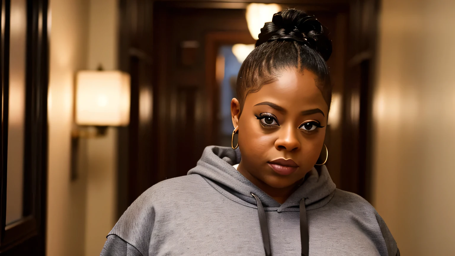 cinematic close-up photo of beautiful black Actress Countess Vaughn in her twenties, standing in the hallway of a luxury brownstone hallway, cute updo hairstyle, wearing a heather gray sweatshirt,