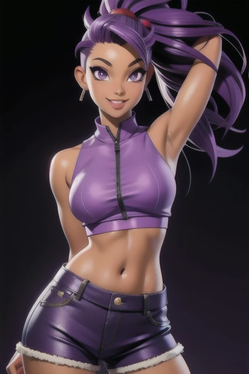 masterpiece, best quality,3d rending work ,3DMM style 3D,1african American girl, solo, realistic, (outside background), makeup, perfect lighting, seductive look, seductive smile, smile, yamanaka ino purple hair, Mohawk, purple eyes,  purple clothes, sleeveless, armpits, midriff, sexy tummy,  detailed skin, realistic skin texture, sweaty skin, skin pores, African American girl, playing a electric guitar.