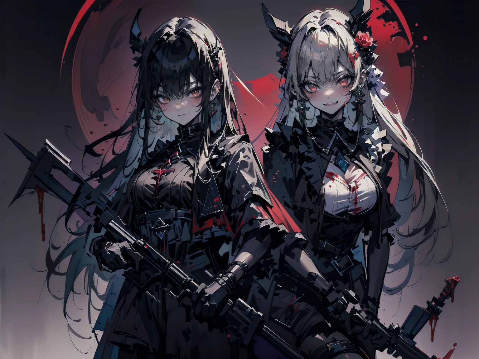 (((Highest quality)))(((high resolution)))外見は黒いfog,Put on your armor,Modern Battle Suit(((detailed)))The shape is humanoid,Modern weapons(((detailed)))Eyes glow red,The shape is made of glowing purple hearts..(((detailed)))Bone格は人間のようだ、Muscle fibers are visible.,fogのようなもので獲物を探す(((detailed)))Barren Land,dead tree,fog,Chaotic world(((detailed)))Battle Scenes,overwhelmingly strong,Highest quality。(Highest quality,4K,High resolution,masterpiece:1.2),非常にdetailed,Realistic:1.37,masterpiece, Highest quality, Exquisitely crafted, woman, beautiful, elegant, smile, Blood, iridescent Long Hair, bangs, skirt, shirt, Long sleeve, Frills, shoes, (Red and Black:1.4), flower, spooky, Horror, 頭蓋Bones, Long Hair, Black Hair, Candles, Blood, hair flower, Dead, hair ornaments, Bone, doll, 頭蓋Bone, skeleton, Horror (theme),spooky altar background,Dark fantasy,Red color scheme,Ominous atmosphere,Eye-catching,Storytelling,anatomy,Anime Style,Concept Art,beautiful細部までこだわった顔と (((Red eyes ))),A terrifying ritual ,Satanic Ritual,Premature death,Misconduct,クレイジーなsmile,Scythe Face,Girl Monster, beautiful, Delicate facial features, Sharp Eye, Sharp Fangs, Pale skin, blonde,robot,Cursed Painting, Dark Background, Cinema Lighting, Dramatic Shadows, Gothic style, Gloomy atmosphere, Dark fantasy, One Girl, , Please open your mouth wide, Open your mouth and baring your teeth,Sharp teeth like a beast, Wide lips, very wide mouth, Vermilion cheeks, ,(Bloodしぶき:1.4),Scary smile, smile,Fallen angel design, ねじれたsmile、Bloodまみれの、頭からの出Blood,、Bloodしぶき、,(Bloodしぶき:1.4),Crossbones, 頭蓋Bone,Horrorスタイル, ((Fantasy Fallen Angel Costume)), ((流れるようなBlack Hair)), ,(Bloodしぶき:1.4),womanの曲線, Sexy flat stomach, Perfect hands, Perfect anime face, ((White Lolita Dress)), Are standing, ((邪悪なsmile)), ,(Bloodしぶき:1.4), Steam circulates, Moonlight Illumination, night lighting, disaster々new devil horns,,(Bloodしぶき:1.6),アニメFallen angel design, ねじれたsmile、Bloodまみれの、頭からの出Blood,、Bloodしぶき、,(Bloodしぶき:1.4),Crossbones, 頭蓋Bone,Gothic architecture、Western architecture、Fantasy World、,Victorian cities, 骸Boneのガス灯,