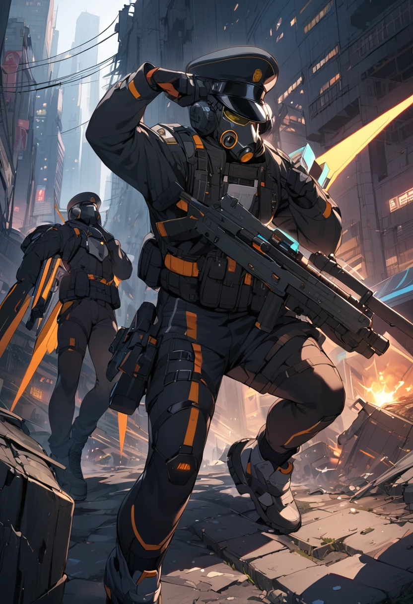 (masterpiece, best quality:1.1),one man,officer Kroenen,(boy pose),(black military cap,military Gasmask,black gloves,many gear shaped button,has gun(Luger-P08),mechanical wings,),Mecha wings that shine like neon,BREAK cyberpunk military-suit,thin man,ruins of a big city,japan,