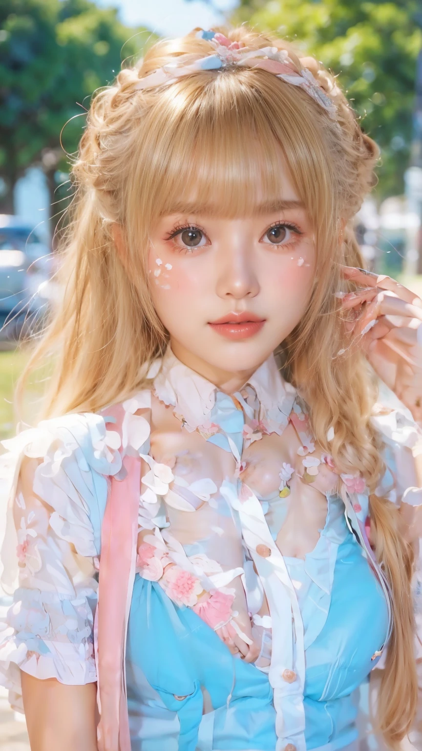 Sunburn marks on tanned skin、blush、pink hair,A cute with a cute appearance, A strong wind blows your hair in front of your face.、Beautiful, big, shiny eyes, Cute eyes hidden by long bangs、yawn、No visible nasolabial folds、short, A brightly colored summer shirt with a cute and colorful design.、korean beauty