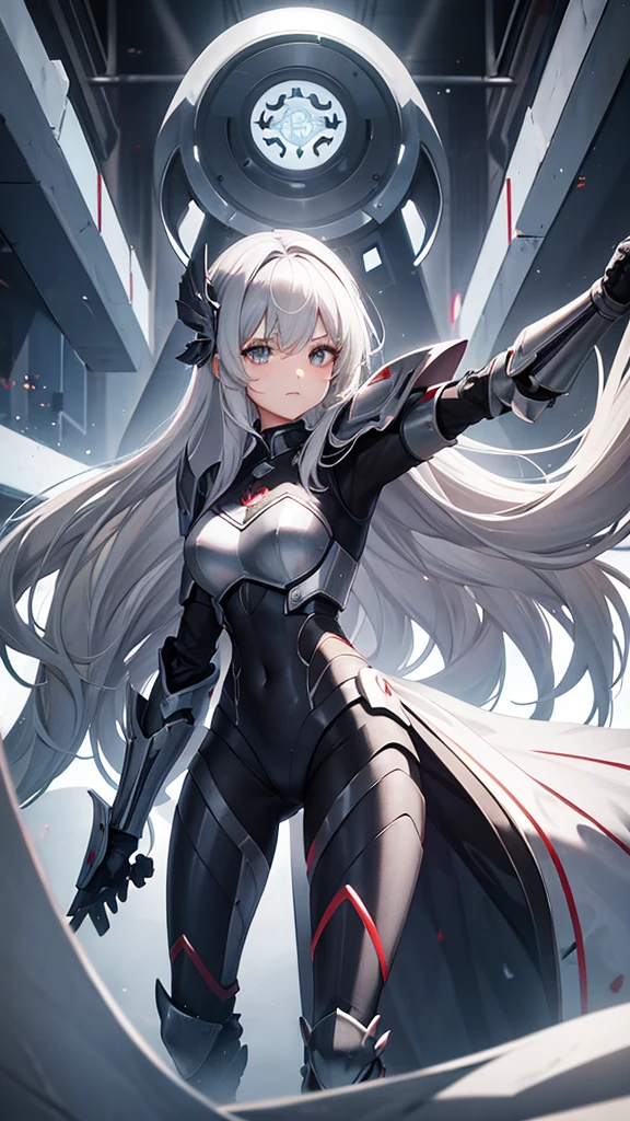 15 year old girl with long gray hair wearing armor and two legs and two arms