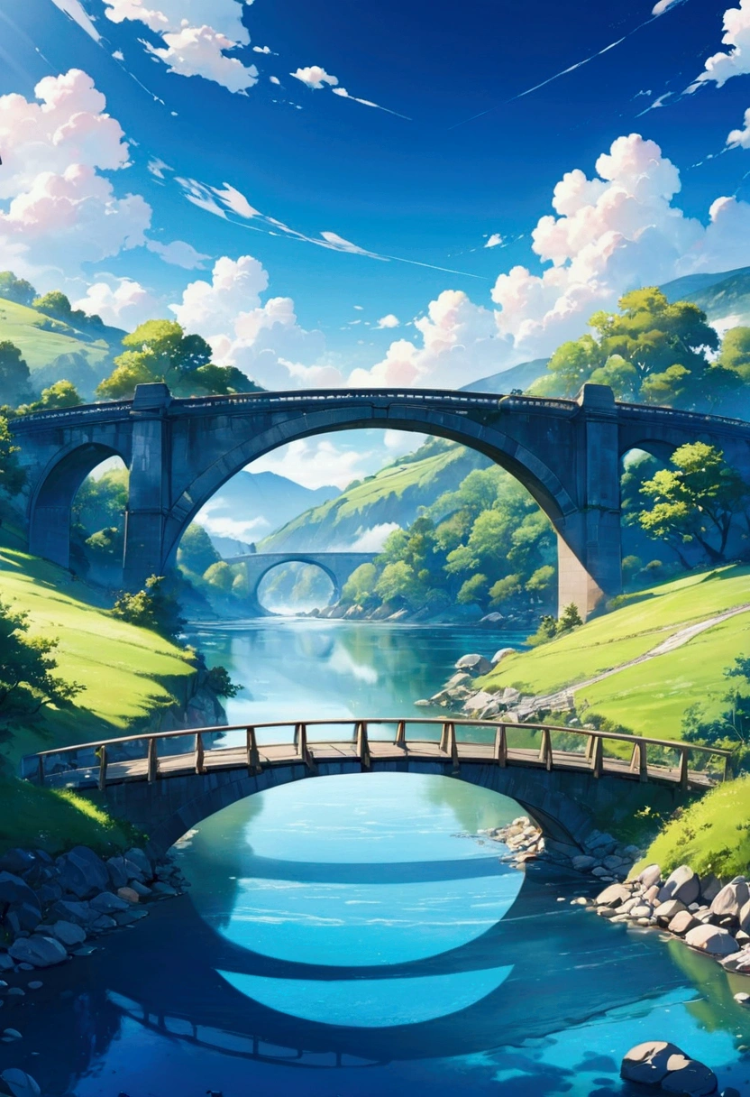 anime scenery of a bridge over a river with a sky background, beautiful anime scenery, anime landscape wallpaper, anime scenery, anime nature, anime nature wallpap, anime landscape, anime background art, anime background, anime beautiful peace scene, beautiful anime scene, wallpaper anime blue water, anime countryside landscape, detailed scenery —width 672, scenery artwork