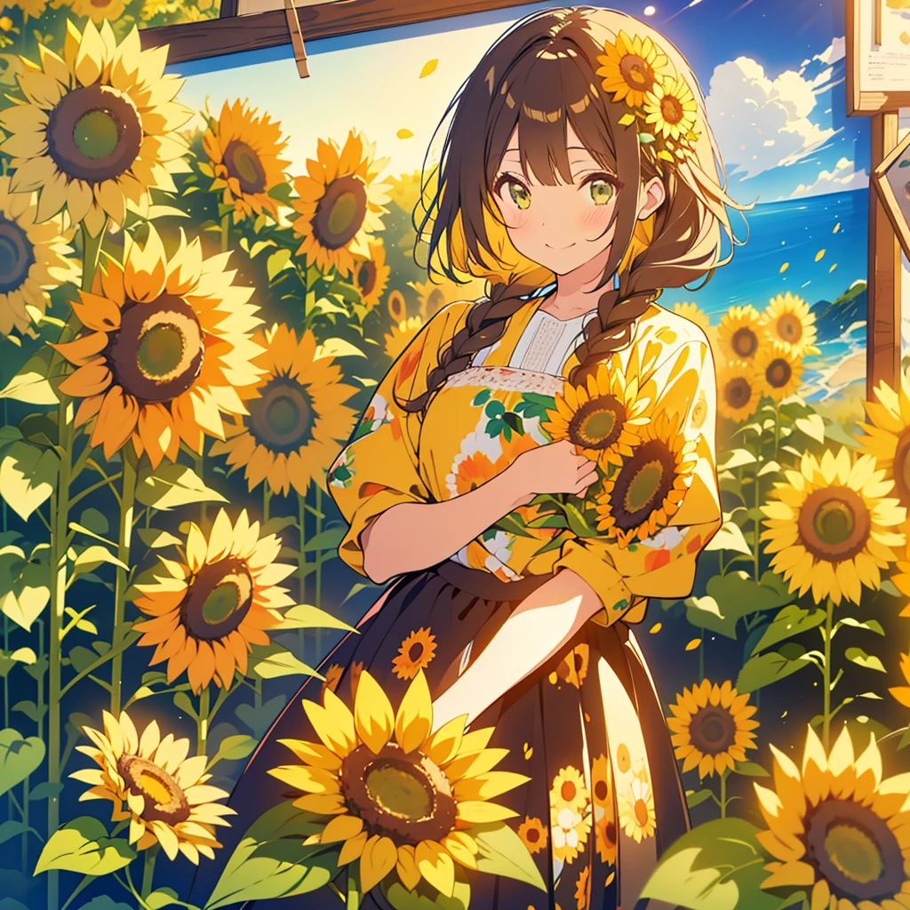 kawaii, anime, Cute, hyper quality, highly detailed, 8k, Clarity, Draw facial expressions in detail, van gogh's sunflowers, Girl with long dark brown hair and green eyes, highlight on eyes, artistic, art, painting, paint splatters, brushes are scattered on the floor, scribble, whole body, world of paintings, Unconventional idea, Artistry, Imagination, smile, 999 sunflowers, 	